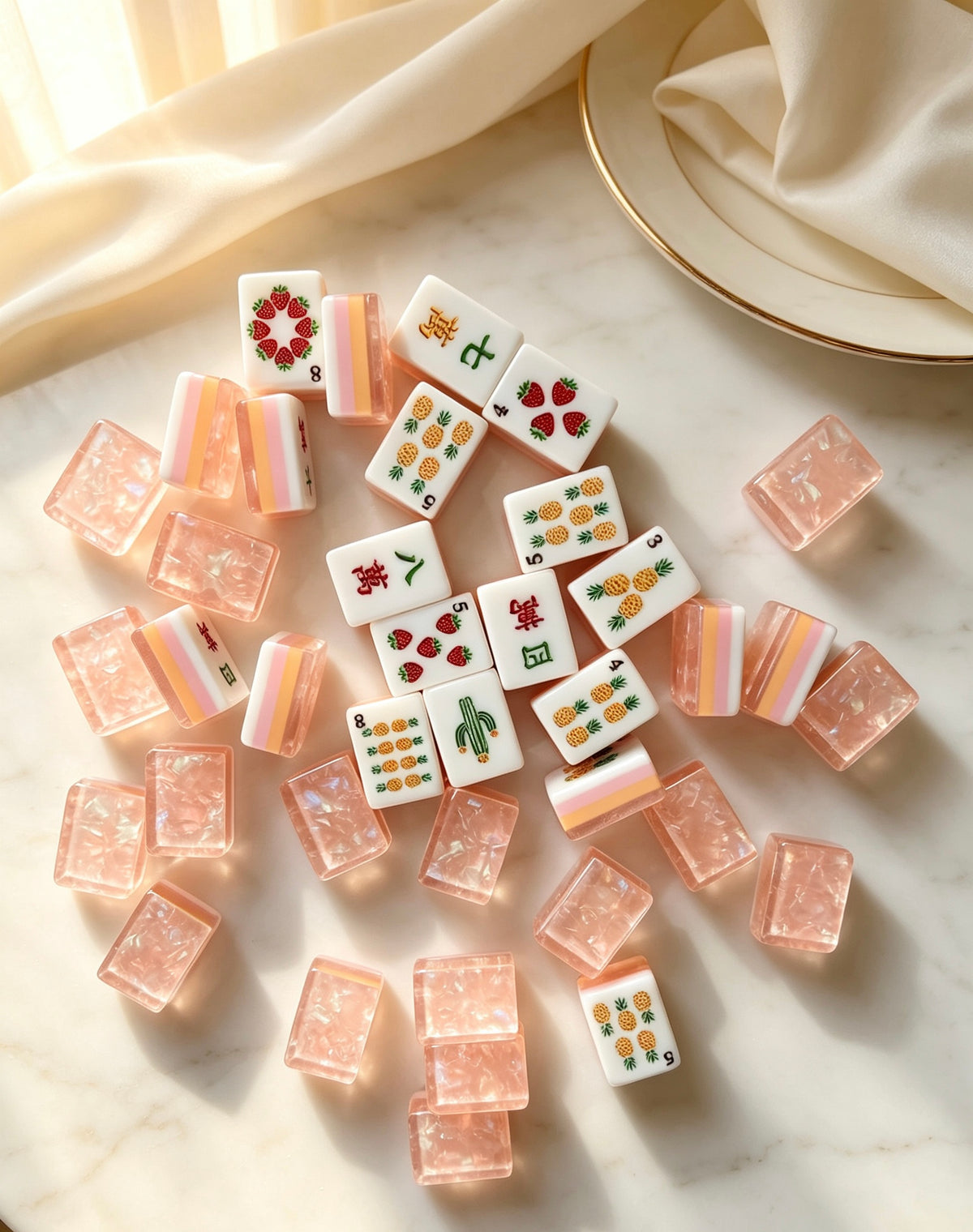 MAHORA Fruity Sparkle: Fruit-inspired tile faces and peach backs on a cream table
