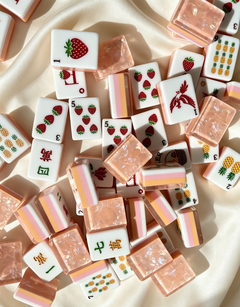 MAHORA Fruity Sparkle: Scattered fruit faces with peach and lilac layered edges