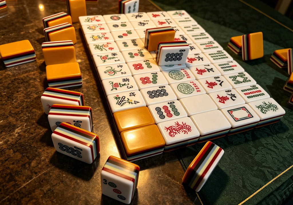 MAHORA 7-Layer: Long rows of traditional faces beside orange-backed tiles