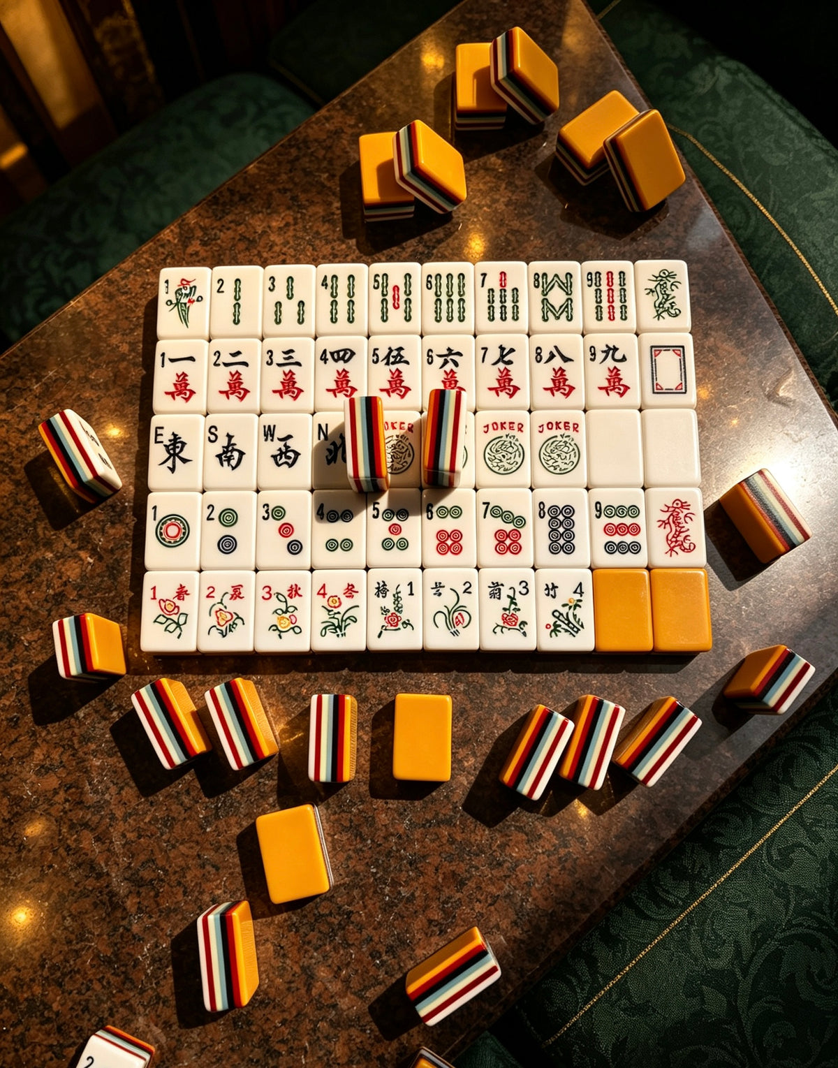 MAHORA 7-Layer: Overhead view of tile rows and loose orange-backed tiles