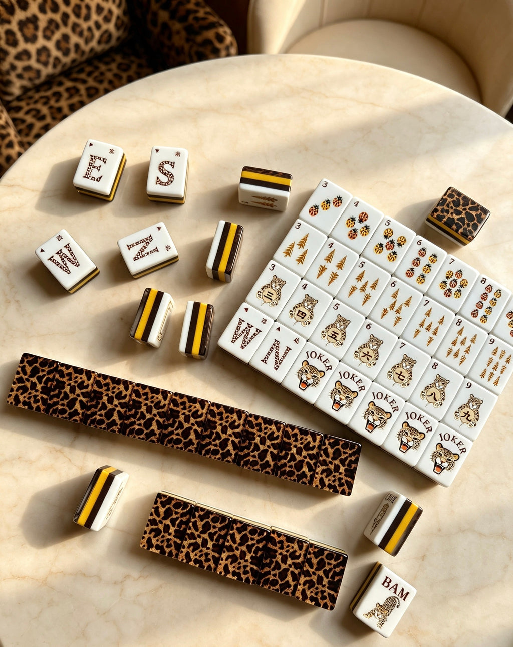 MAHORA Leopard Print: Scattered winds and layered tiles beside an arranged display