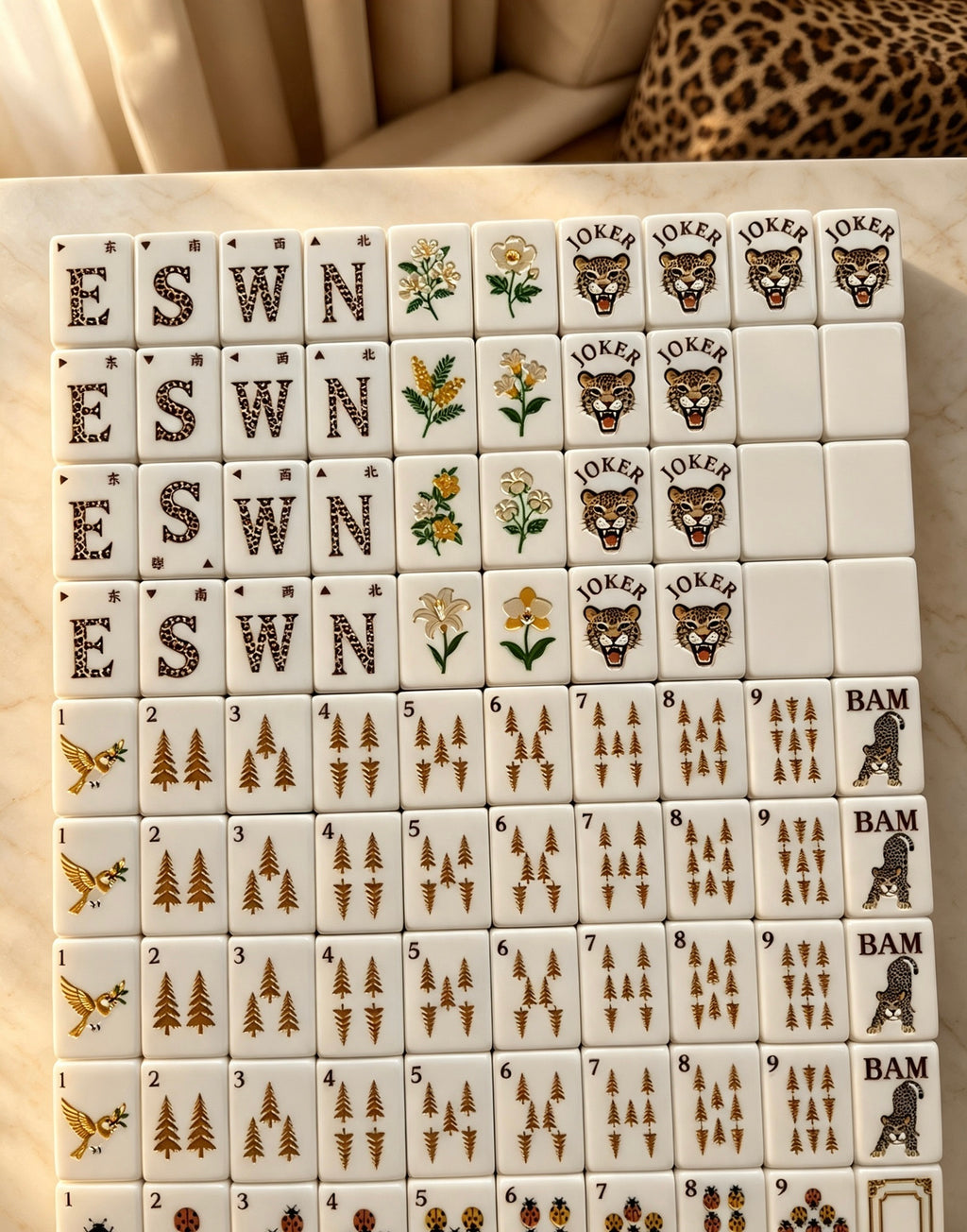 MAHORA Leopard Print: Full tile display with winds, flowers and bamboo designs