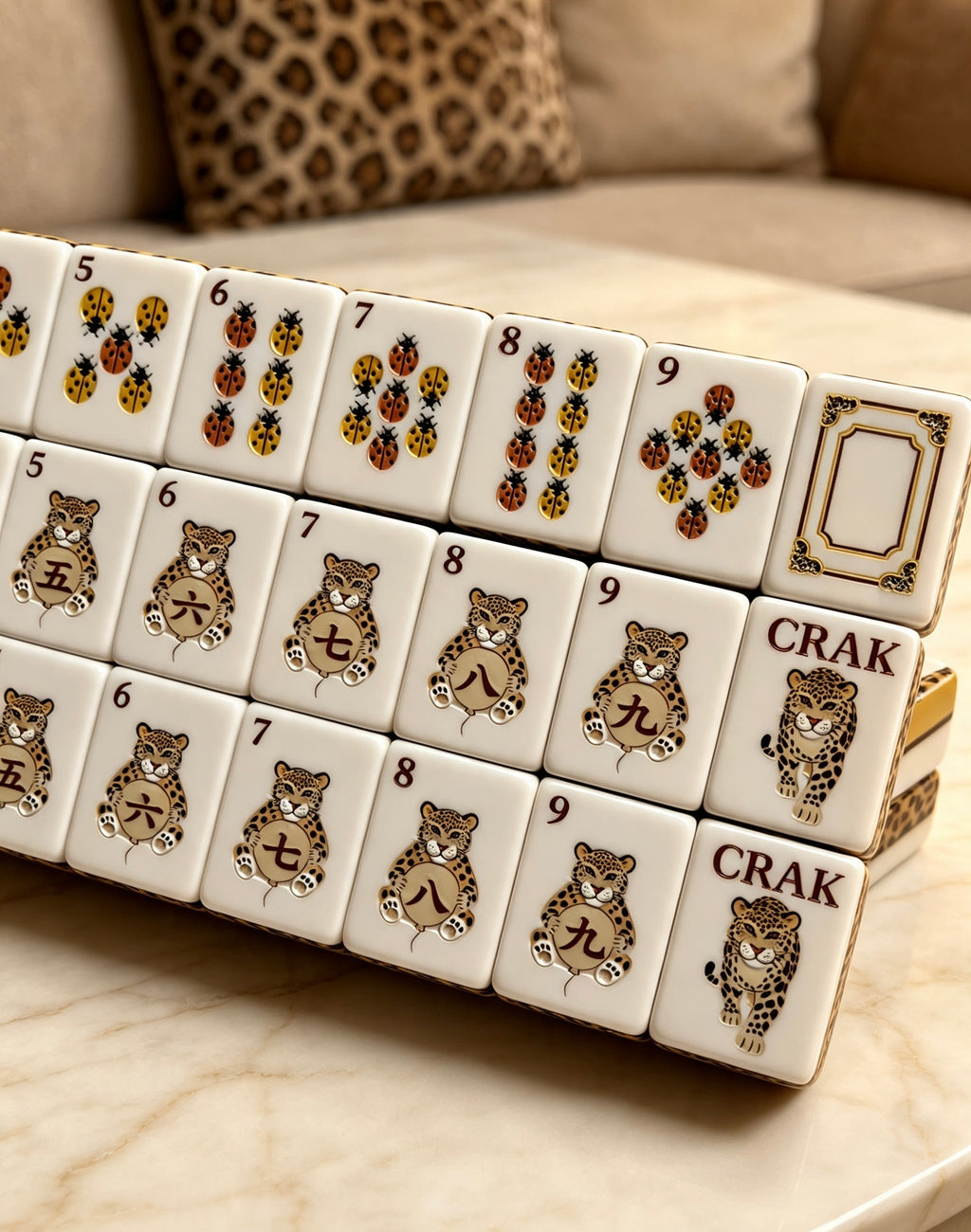 MAHORA Leopard Print: Dot and character tile faces in an angled close-up