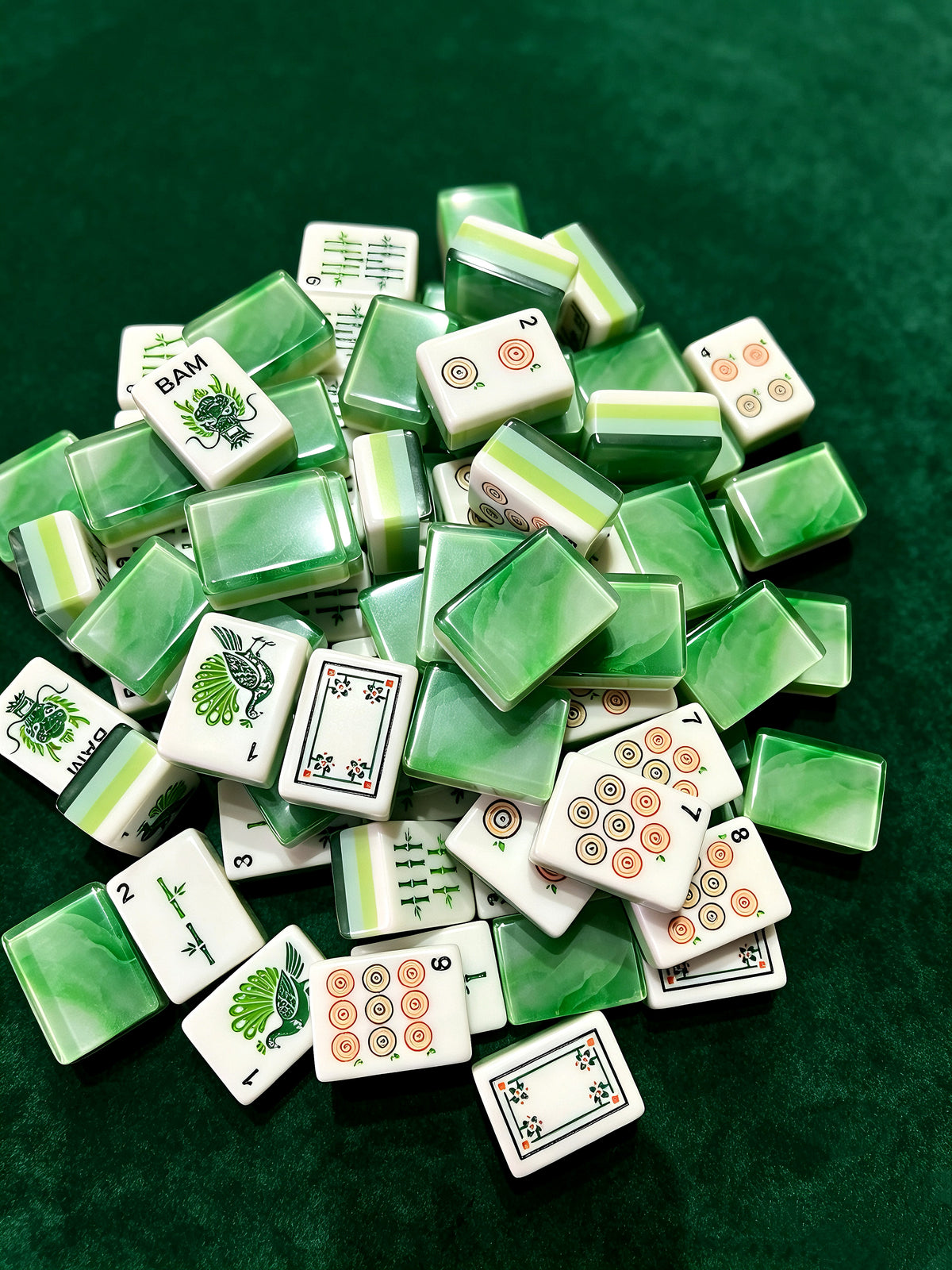 MAHORA Emerald: Green marbled tile backs and white faces on green fabric