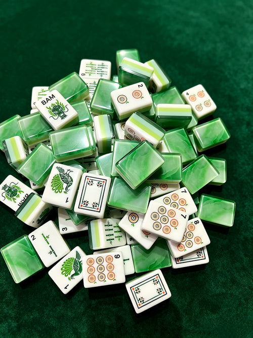 MAHORA Emerald: Green marbled tile backs and white faces on green fabric