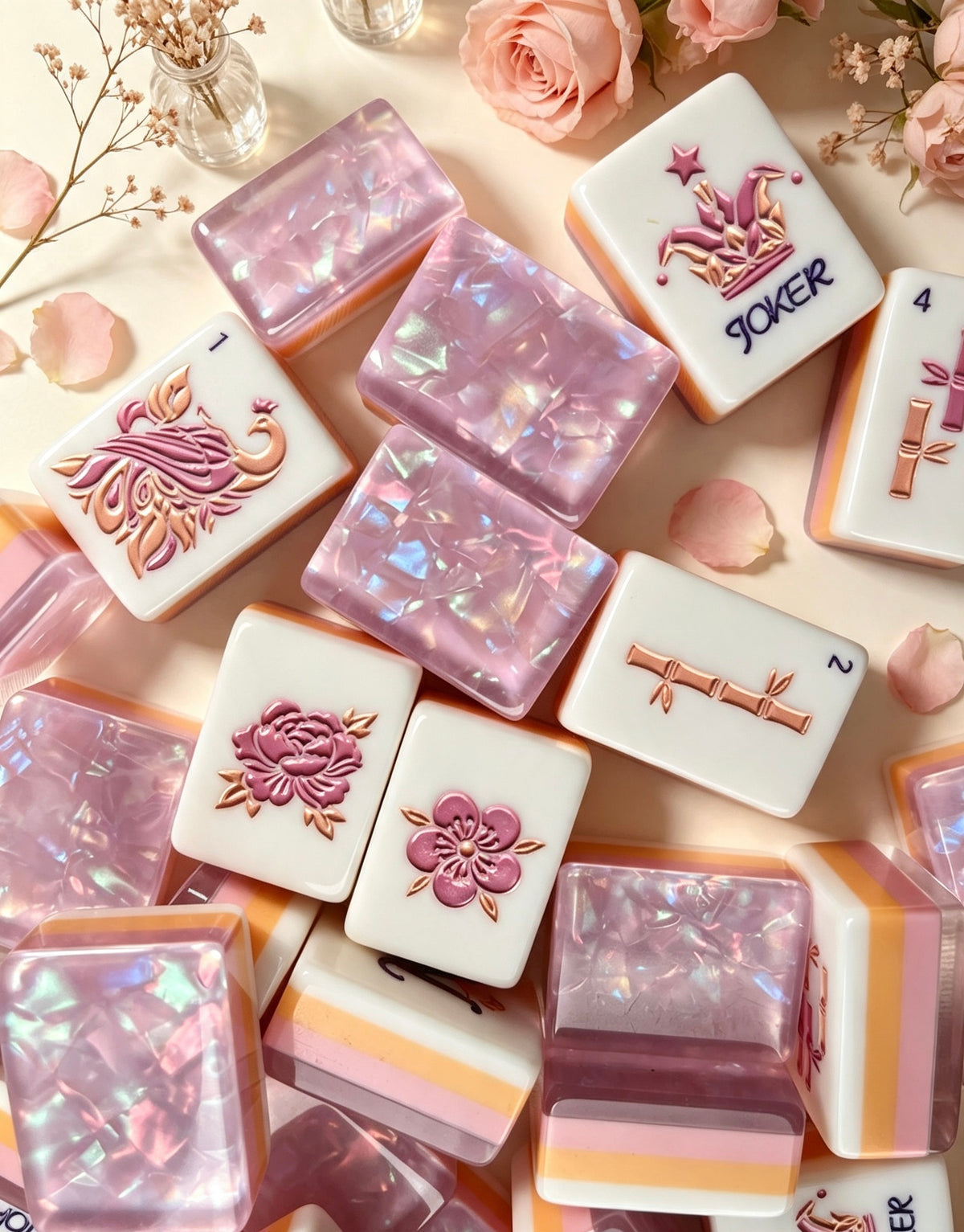 MAHORA Frost Lilac: Joker and flower designs beside shimmering pink backs