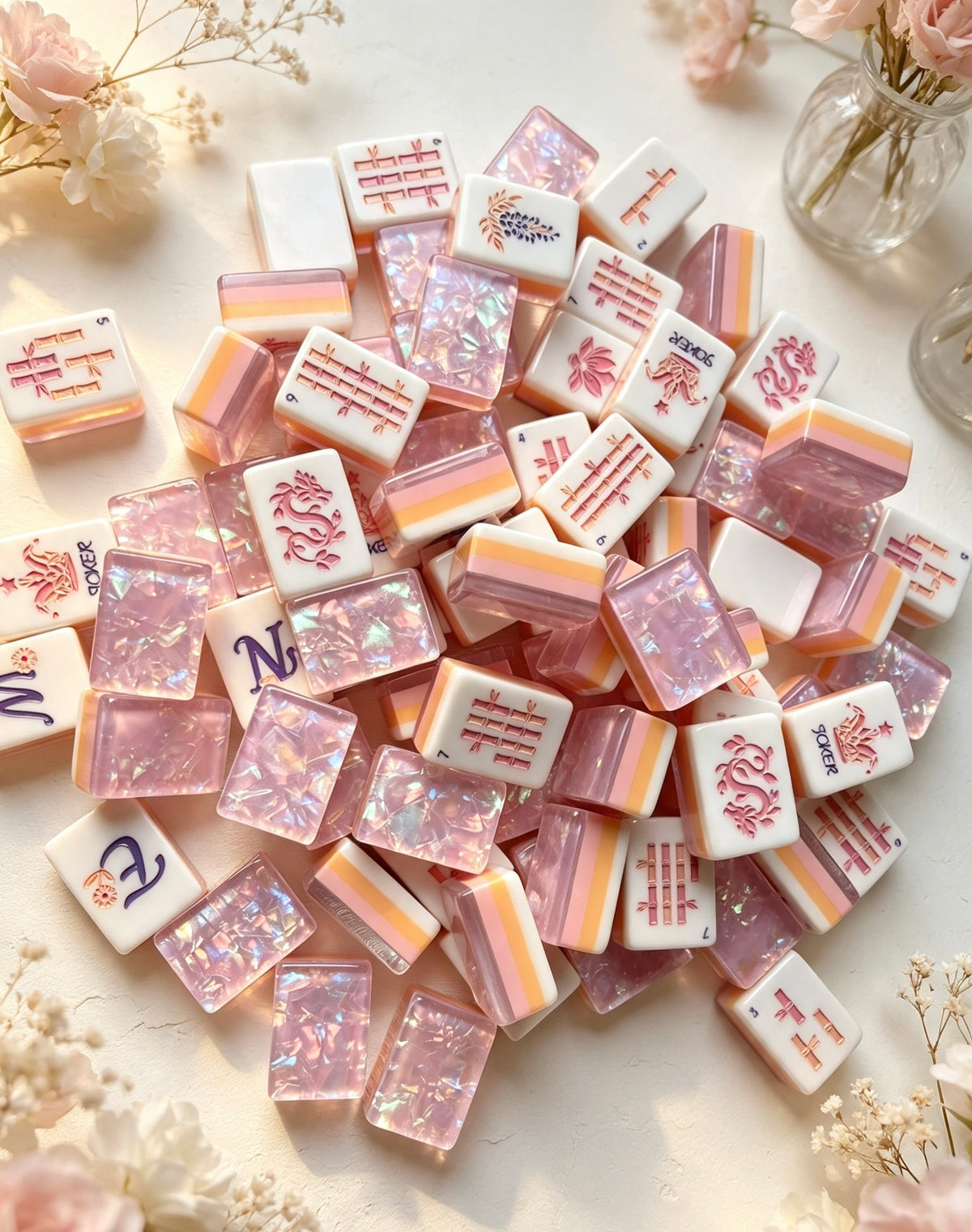 MAHORA Frost Lilac: Loose pink-lilac tiles styled with roses