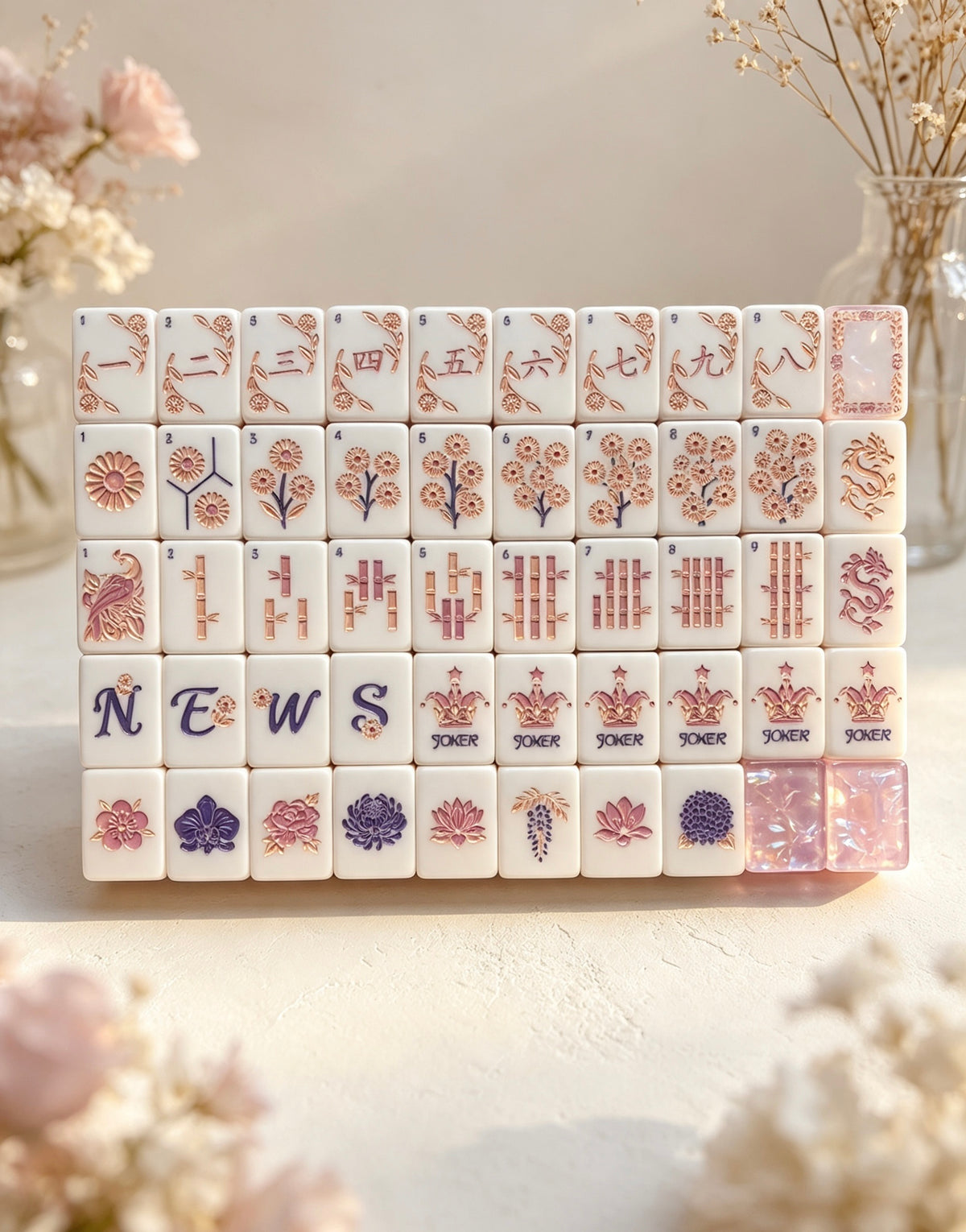 MAHORA Frost Lilac: Arranged tile display framed by pale flowers