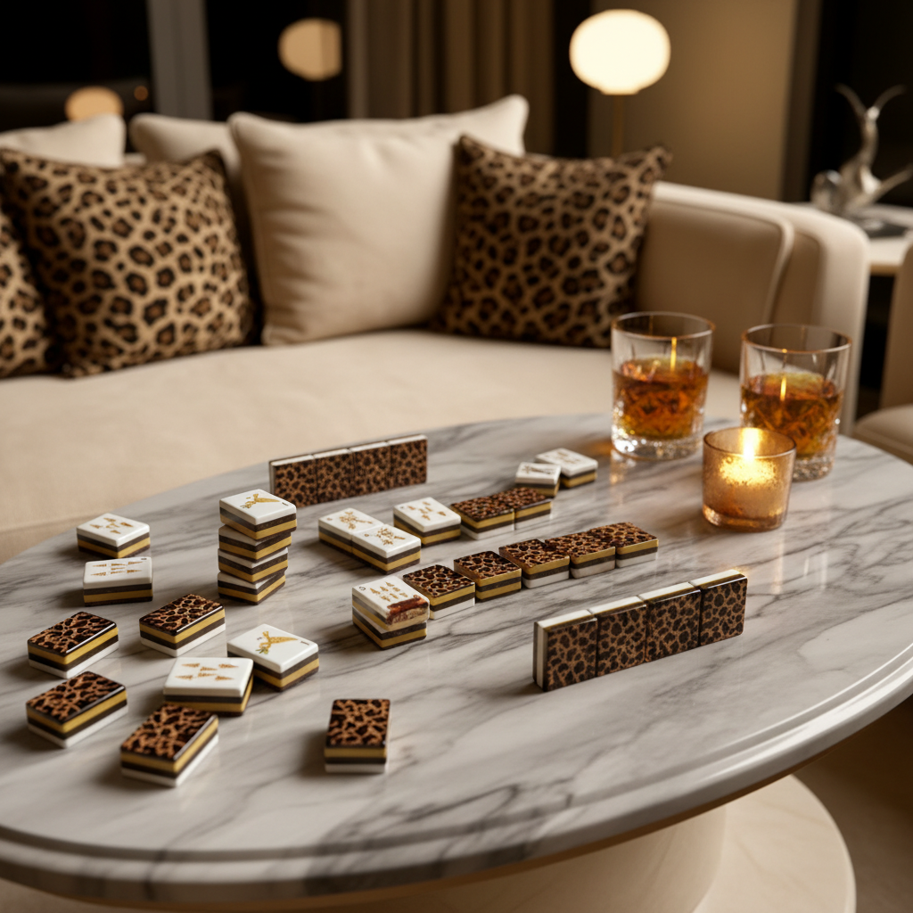 MAHORA Leopard Print: Leopard mahjong tiles styled on a coffee table with drinks